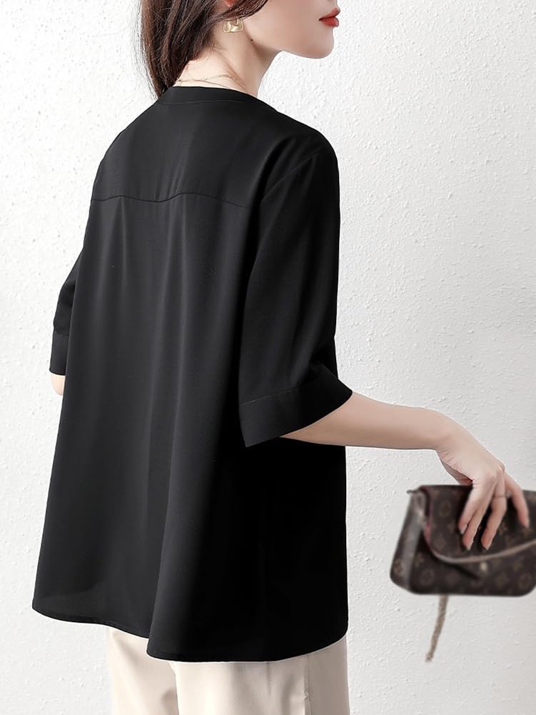 Blouse Summer Top Short Sleeve Loose Fit Outerwear Feminine Chiffon Shirt Pullover Plain Adult Elegant Clean Stylish Casual Formal Commuting OL [H.