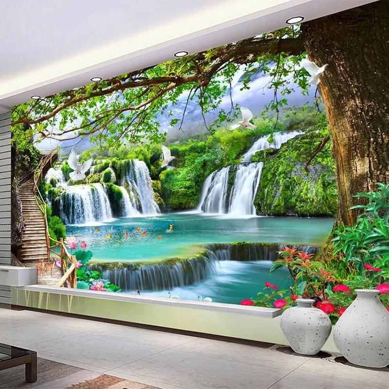 Modern Mural 3d Green Tree Wallpaper Waterfalls Landscape Murals Living Room Bedroom Home Decor 3d Wall Mural