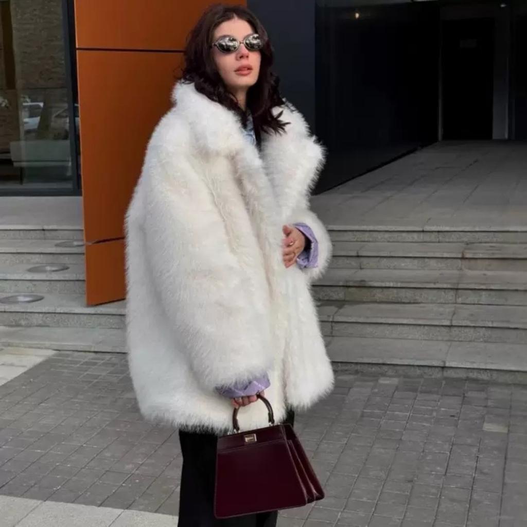 VAYLA Fashion Fluffy Furry Faux Fur Jacket Women Winter Shaggy Overcoats Thick Warm Medium Length Fox Fur Coat Plush Outerwear Femme