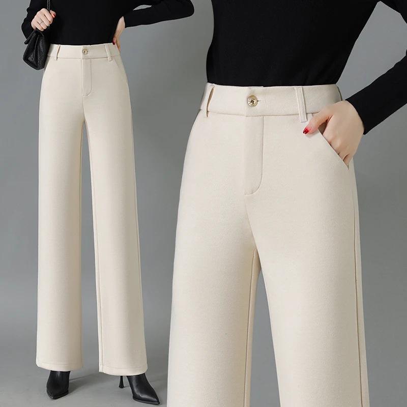 Merino Wool High-Waist Herringbone Slimming Pants - Fleece-Lined Straight & Wide Leg for Autumn/Winter 2024