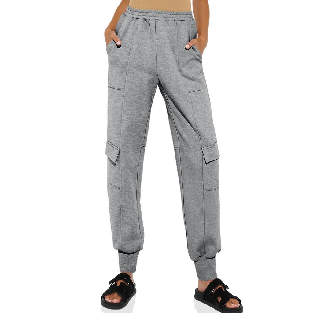 Women Elastic High Waist  Casual Active Fit Wide Long Leg Pants Trousers With Pockets