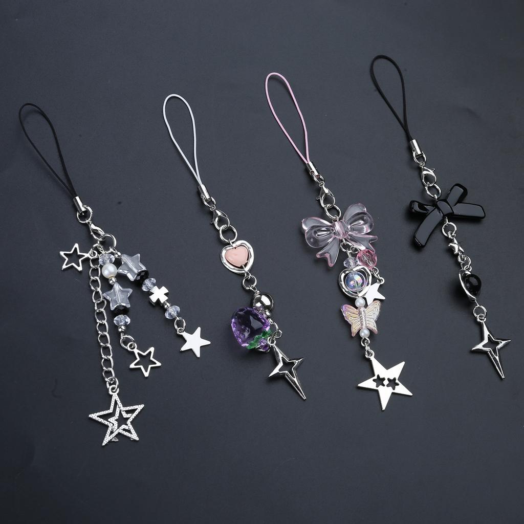 4Pcs Bowknot Star Pendant Phone Charm Hangings Rope Sweet Phone Chain Strap Bag Decoration Lanyard Keychain Accessory
