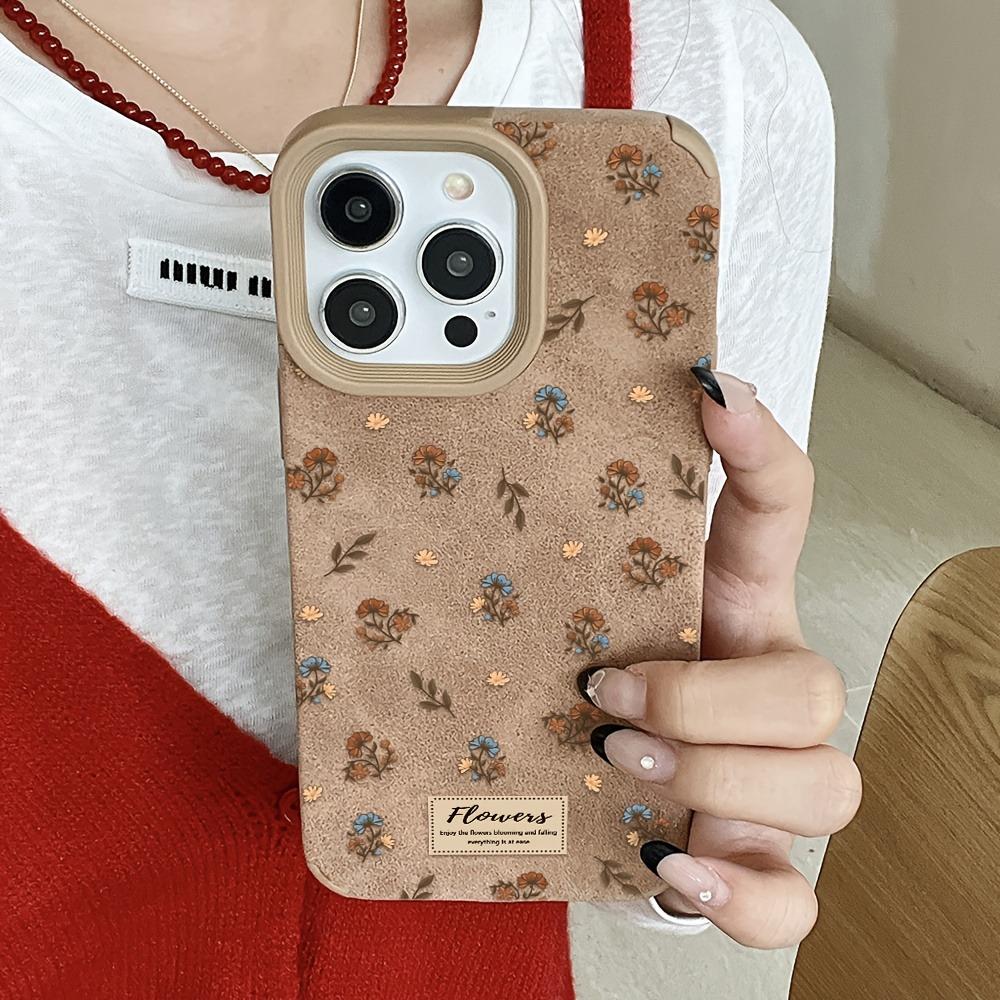 Phone Case For iPhone 17 16 15 14 13 12 11 Pro Max XS XR 16 Plus 17 Air Winter Fashion Retro Brown Faux Fur Floral Design Cover