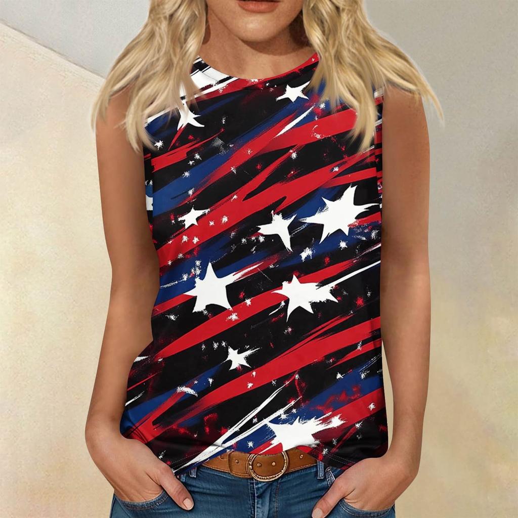 Women's Fashion Casual T-Shirt Round Neck Sleeveless Independence Day Printed Vest Top
