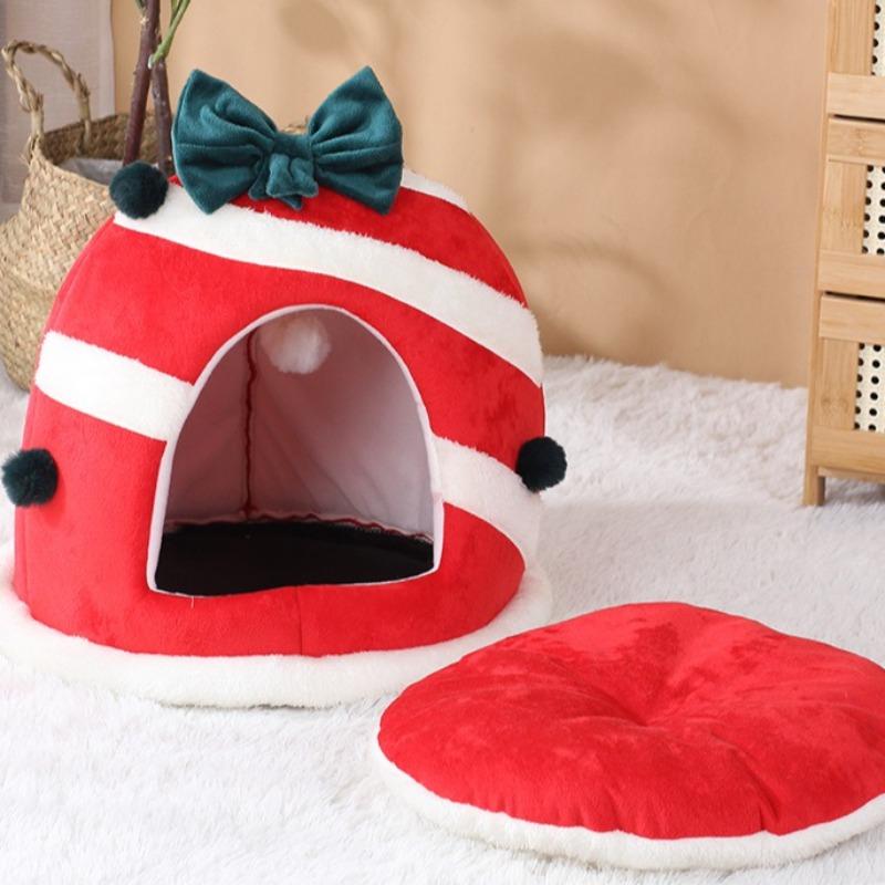 NEW Pet Bed House Winter New Arrival Thickened Fleece Warm Semi-Enclosed Christmas Cat Cage for Cats Dogs