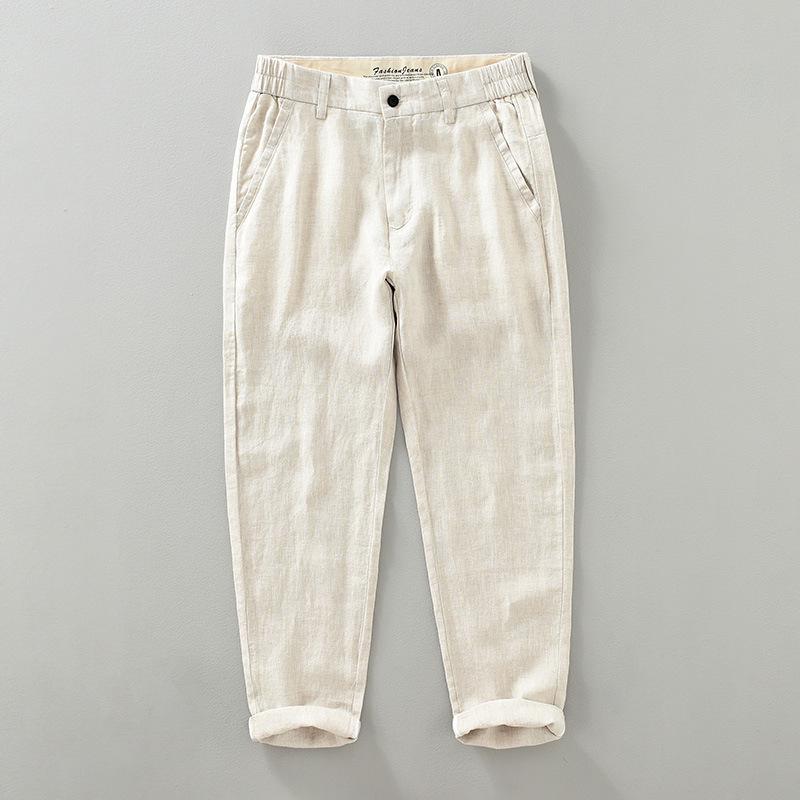 

1333 Летние дышащие мужские брюки из чистого льна в японском стиле, повседневные брюки длиной девять точек XXXL