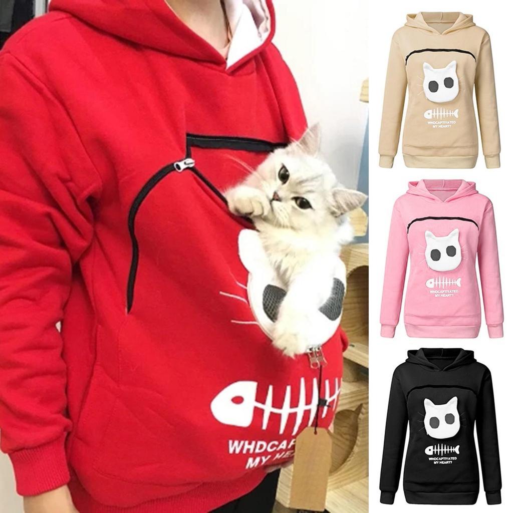 Sweatshirt für Katzenliebhaber, Kapuzenpullover mit Känguru- und Hundepfoten-Motiv, Kuschelbeutel, Sweatshirt mit Tierohren, Kapuzenpullover