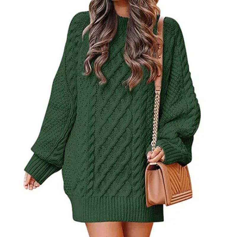 2025 New Women's Oversized Chunky Knit Dress | Cable Crew Neck Long Sleeve Sweater | Warm Mid-Length Pullover for Winter AW25 Fashion (S-3XL)