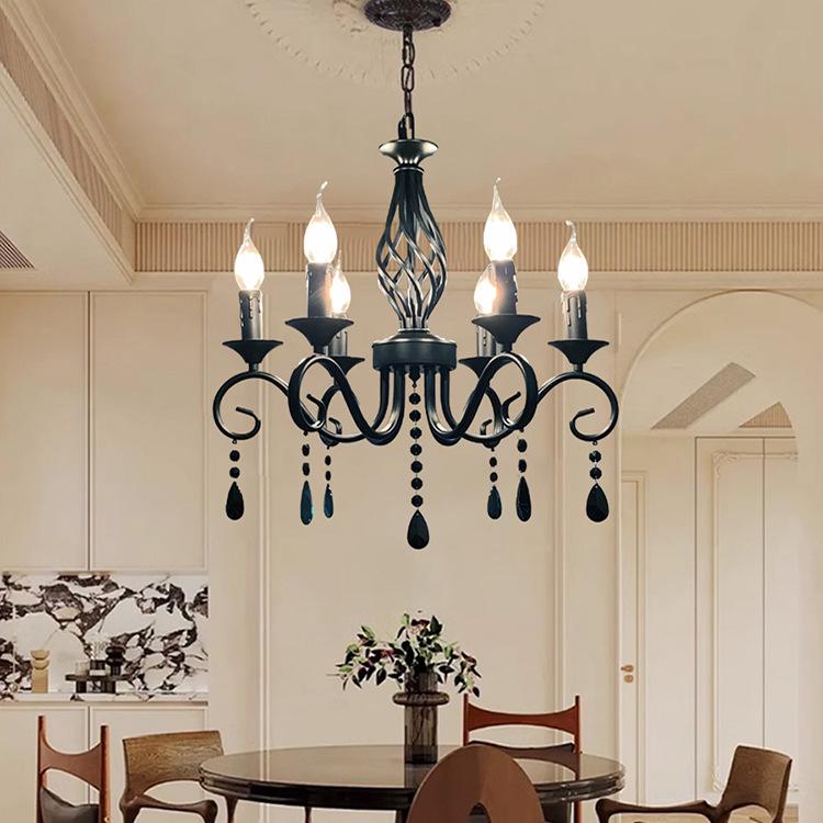 French Retro Black Wrought Iron Crystal Chandelier for Living Room, Dining Room, or Bedroom