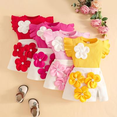 Sommarärmlös Ribbad Topp & Blommig Kjoldress för Babyflickor 0-3 År - Trendig Tvådelad Outfit