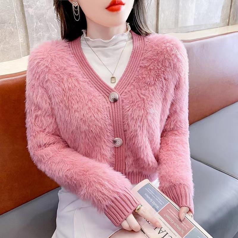 Autumn Winter Women V-neck Single Breasted Imitation Mink Fur Mohair Soft Knitted Sweater Cardigan Coat Jacket