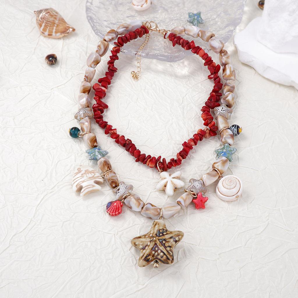Personality Trend Leisure Ocean Resort Wind Double Layer Stacked Turquoise Ceramic Starfish Small Fish Pendant Women's Necklace