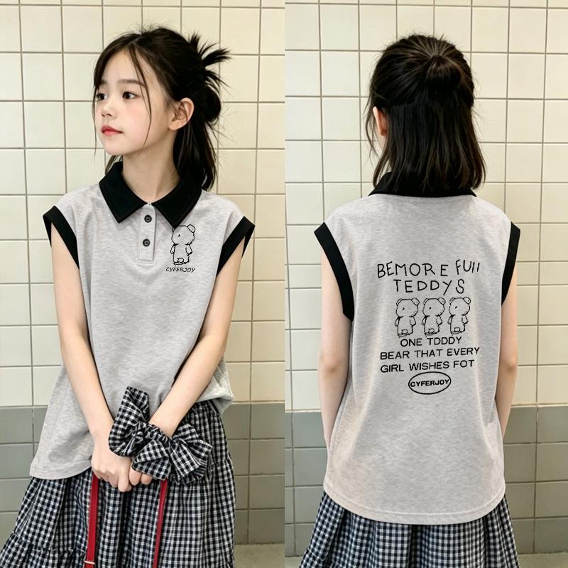 Girls' Summer Color Block Cotton Vest T-shirt - Fashionable Sleeveless Lapel Top for Medium and Large Children