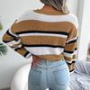 Women's Jumpers Knitted Sweatshirt Sexy Crew Neck Cropped Sweaters Stripes Knit Long Sleeve Crop Tops Pullover