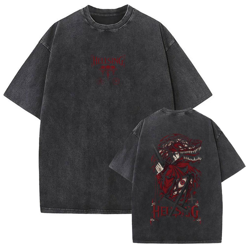 Washed Vintage Anime Hellsing Yumie Takagi Graphic Tshirt Vampire Alucard Merch Tshirts Mens Gothic Manga Oversized T Shirts