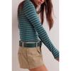 Women S Striped Print Half High Neck Fitted Long Sleeve T Shirt Base Layer Top