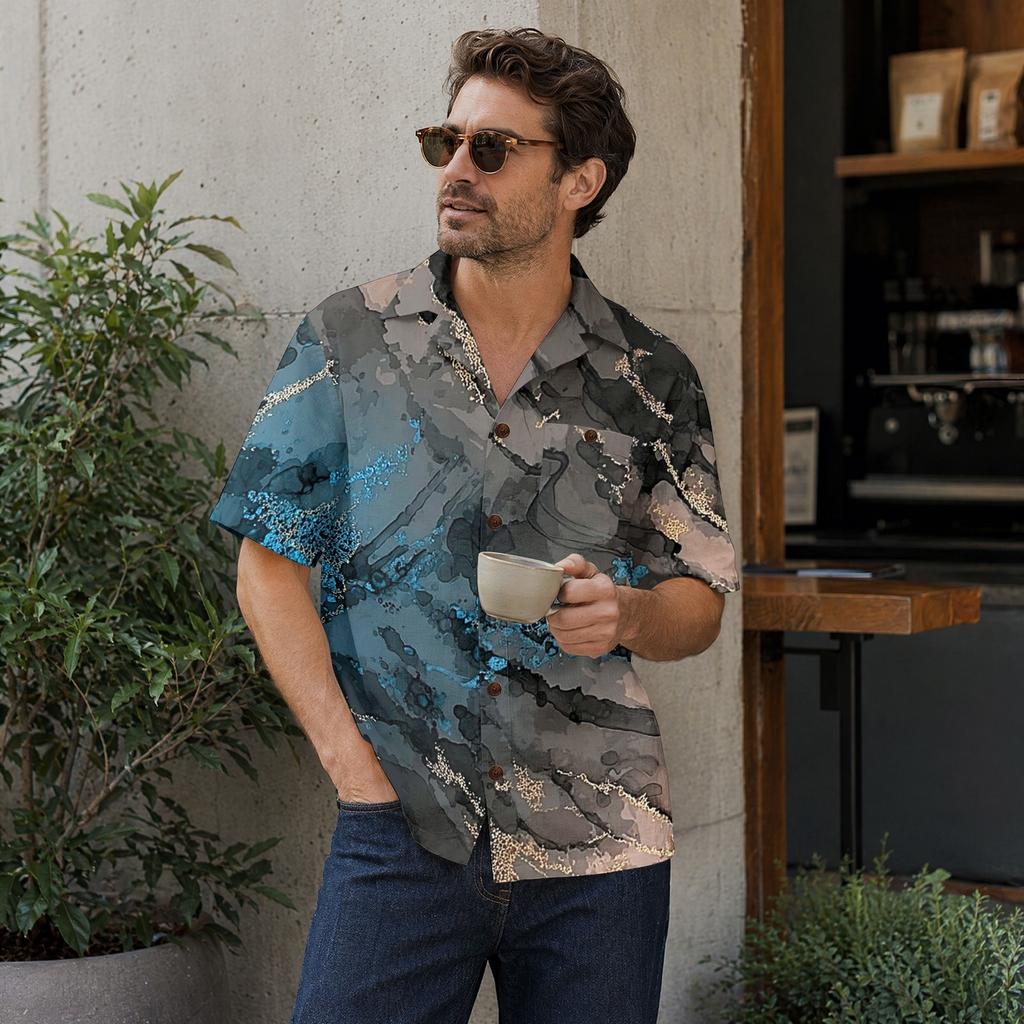 Men's Casual Short Sleeve Shirt Cotton Linen Classic Lapel Collar Button Down Lightweight Printed Top for Spring Summer