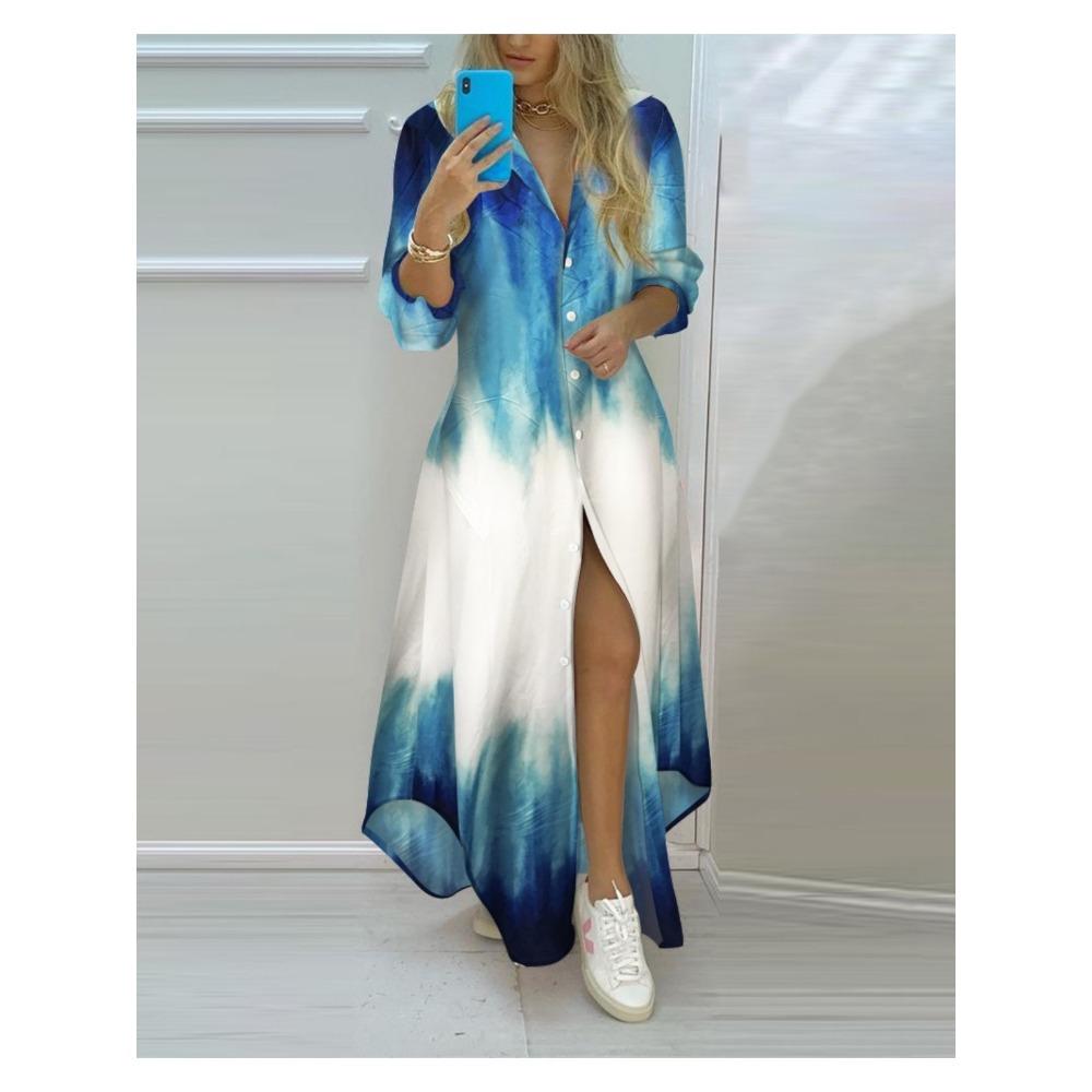 Frühling Herbst Sexy Polokragen-Shirtkleid Damen Langarm Retro-Stil Personalisiertes Druckkleid Lässiges Shirtkleid