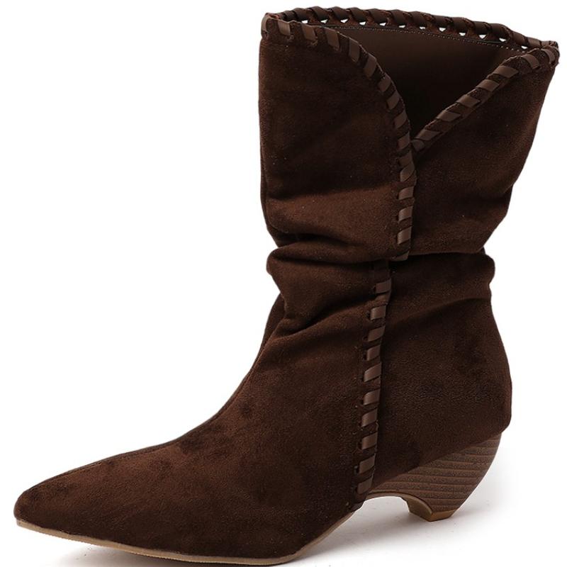 Herbst Winter Plissierte Damen Western Stiefeletten Elegant Spitzschuh Niedriger Absatz Schuhe Damen Vintage Slipper Kurze Stiefeletten