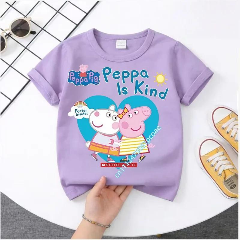 Peppa Pig children's Polyester short-sleeved boys' sports shirt and girls' casual top, 2026 summer T-shirt with cartoon print