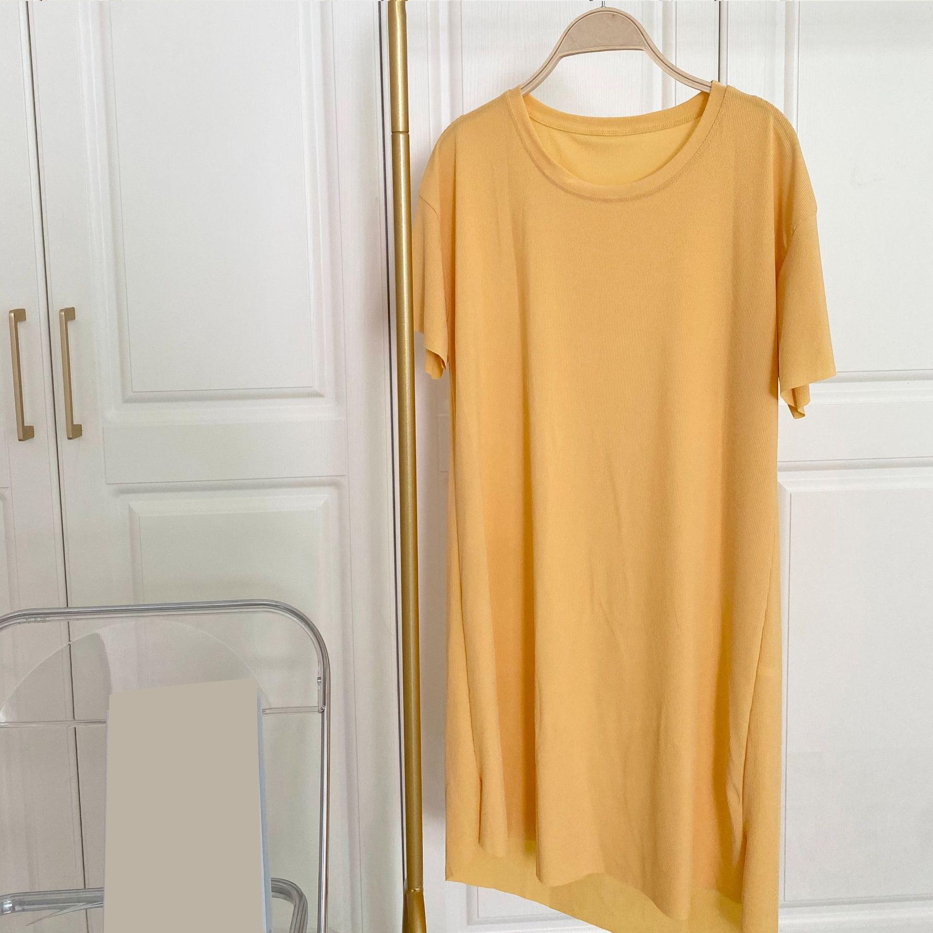 

Платье из ледяного шелка, женское весеннее и летнее тонкое свободное платье с круглым вырезом, удобное тонкое однотонное платье, домашняя ночная рубашка One Size жёлтый