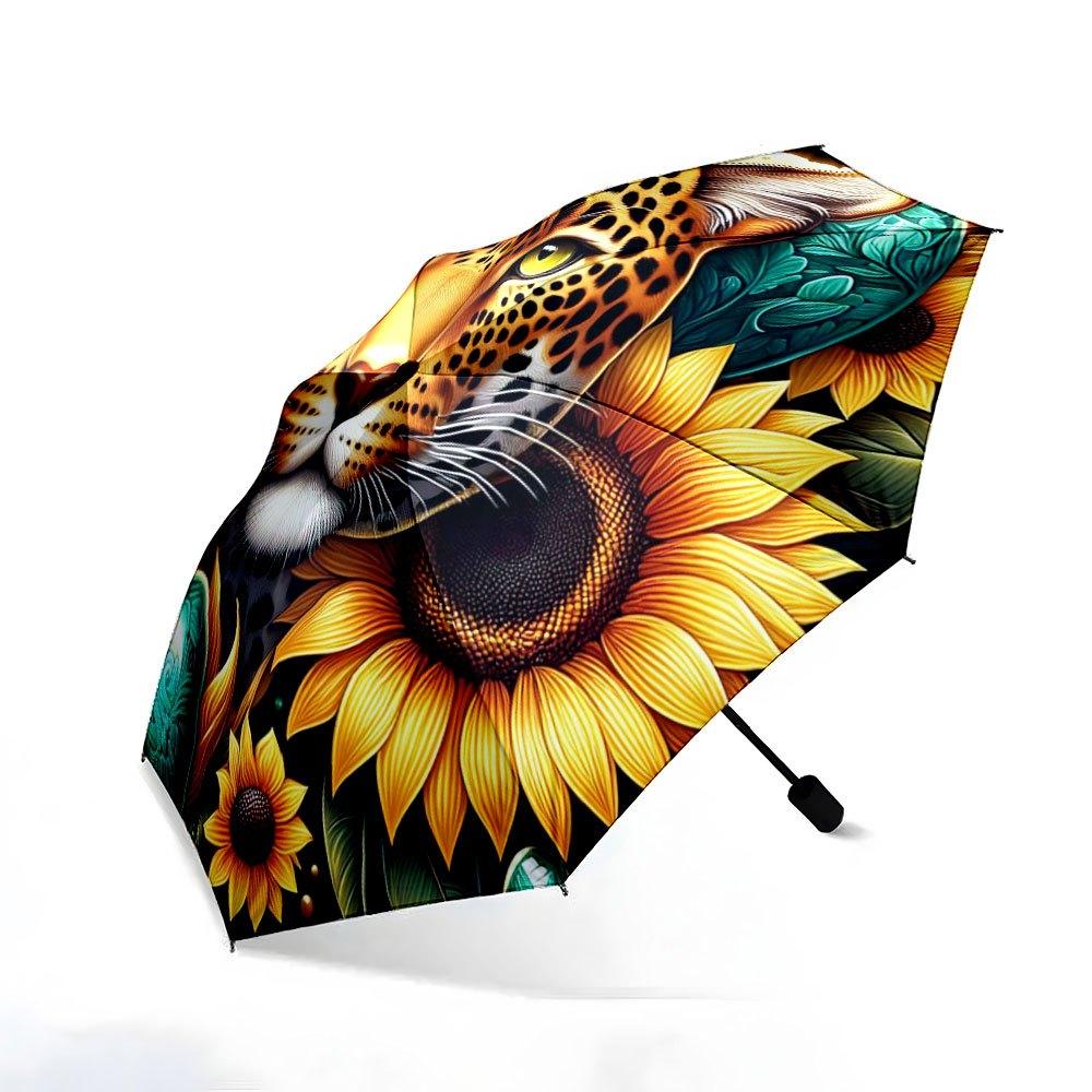 Automatic Open/Close Folding Umbrella with Leopard & Sunflower Design - Portable Compact Travel Umbrella, 8-Rib Sturdy Frame,