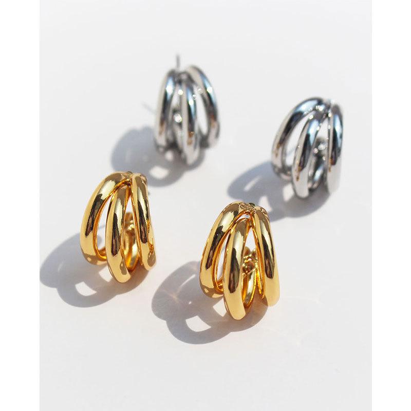 Real Gold-Plated Copper Crazy Sister Classic Three-Tube Earrings: Women's C-Shaped Hoop Silver Needle 300