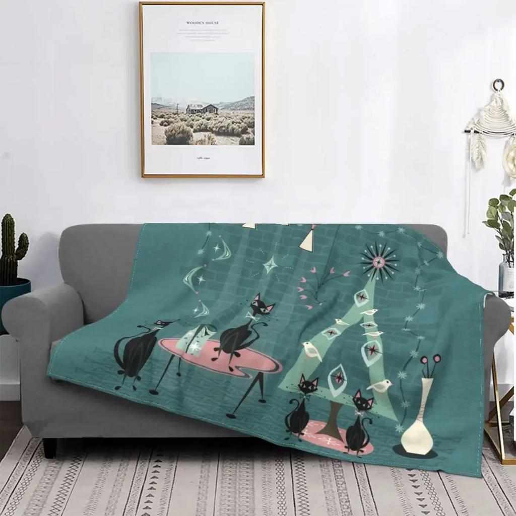 Cute Black Cat Blankets Soft Warm Flannel Mid Century Meow Retro Atomic Kitties Throw Blanket for Bedding Couch Bedspread, Gifts