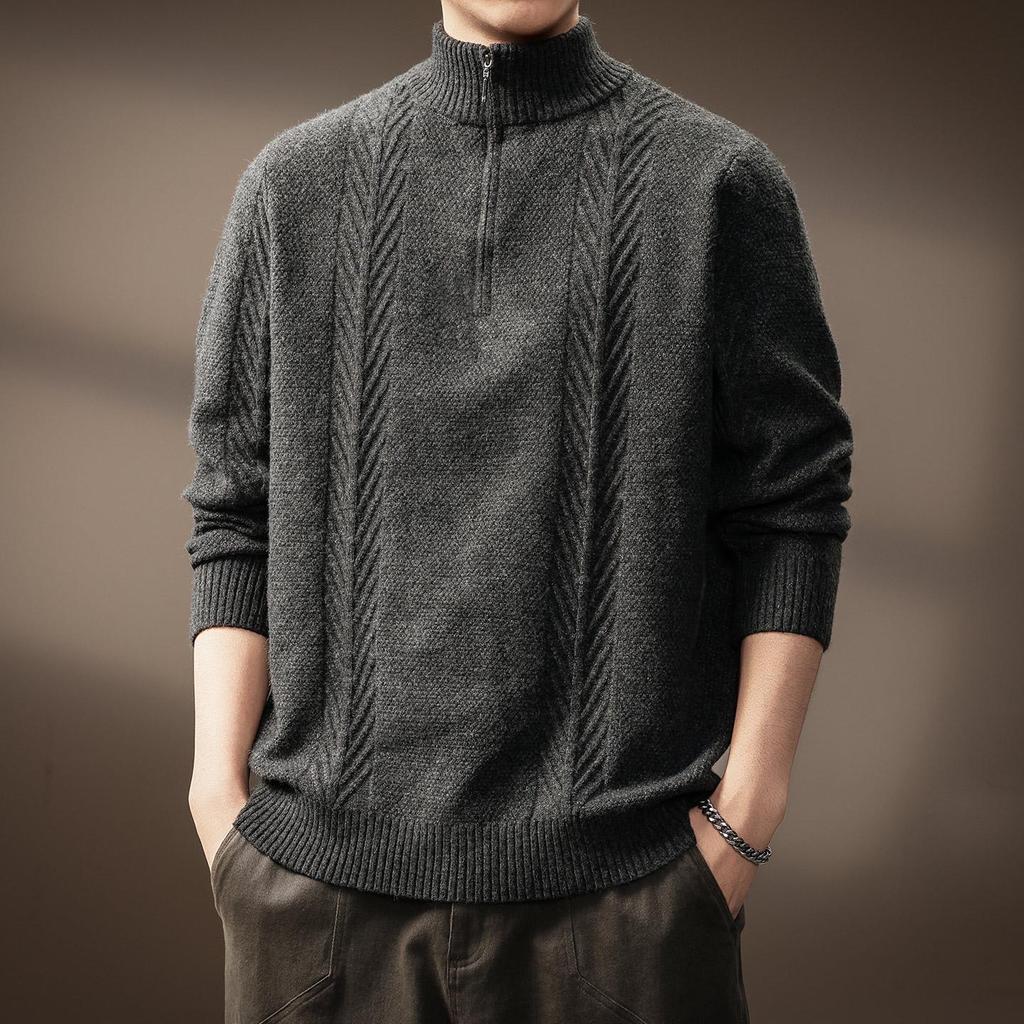 Men's High-End Half-Zip Stand Collar Sweater - Thickened Knit Jacket for Autumn/Winter