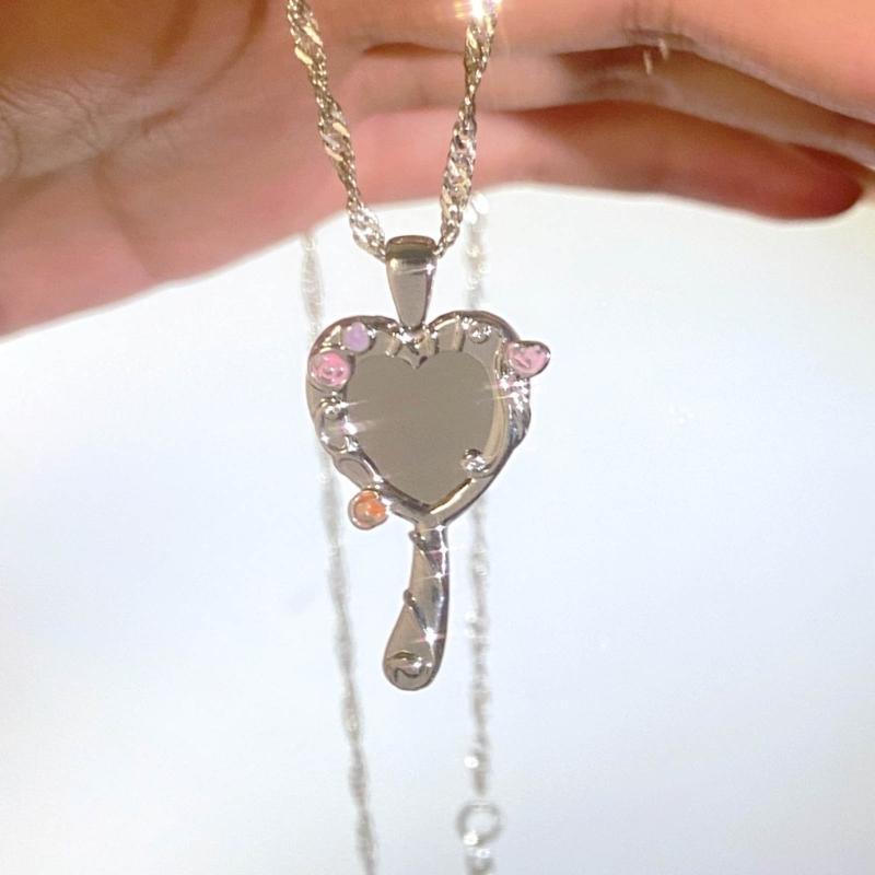 A52E Unique Mirrored Pendant Necklace Heart Mirrored Charm Clavicle Chain for Women