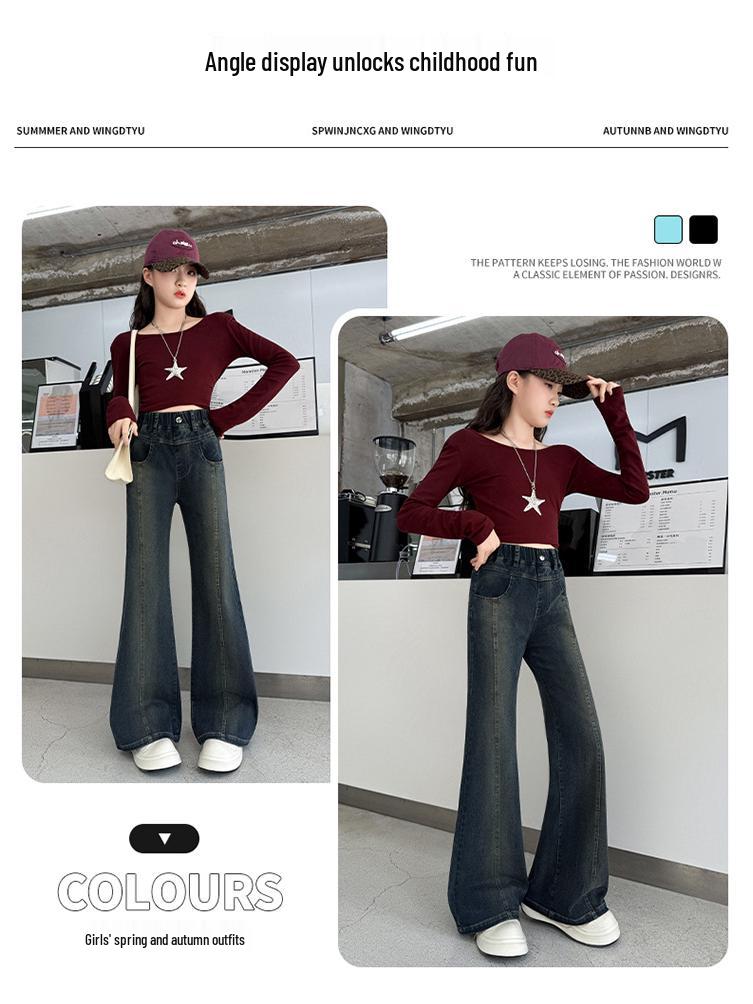 2025 New Korean Style Fleece Flared Pants for Girls - Autumn/Winter Elastic Straight-Leg for Middle School Students