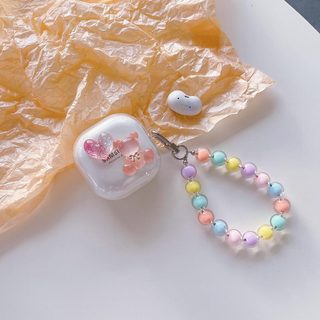 Cute Heart Bear Transparent øretelefondeksel til Samsung Galaxy Buds 2 Pro Live-deksel til Galaxy Buds2 Pro Funda Fullt beskytterdeksel med perlestropp