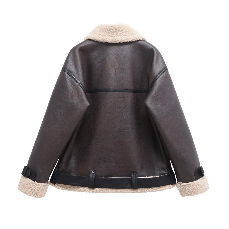 Damen Kunstleder Motorradjacke Mit Pelzkragen Winter Warm Übergroßer Mantel