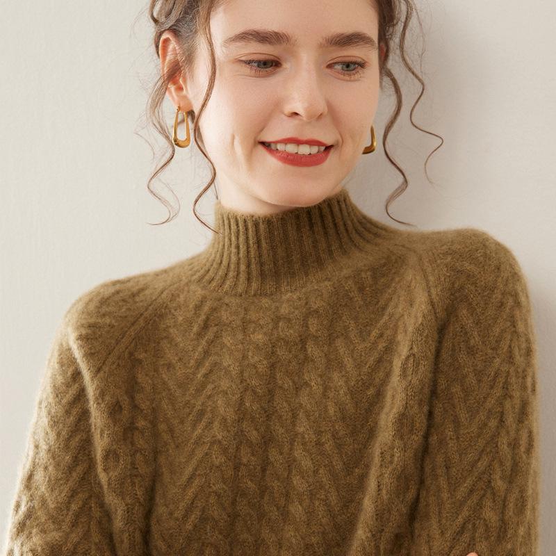 Women's Cashmere Jacquard Sweater: Thick, Heavyweight Three-Strand Knit, Half-High Collar, Loose Fit, Long Sleeve Pullover for Autumn/Winter.