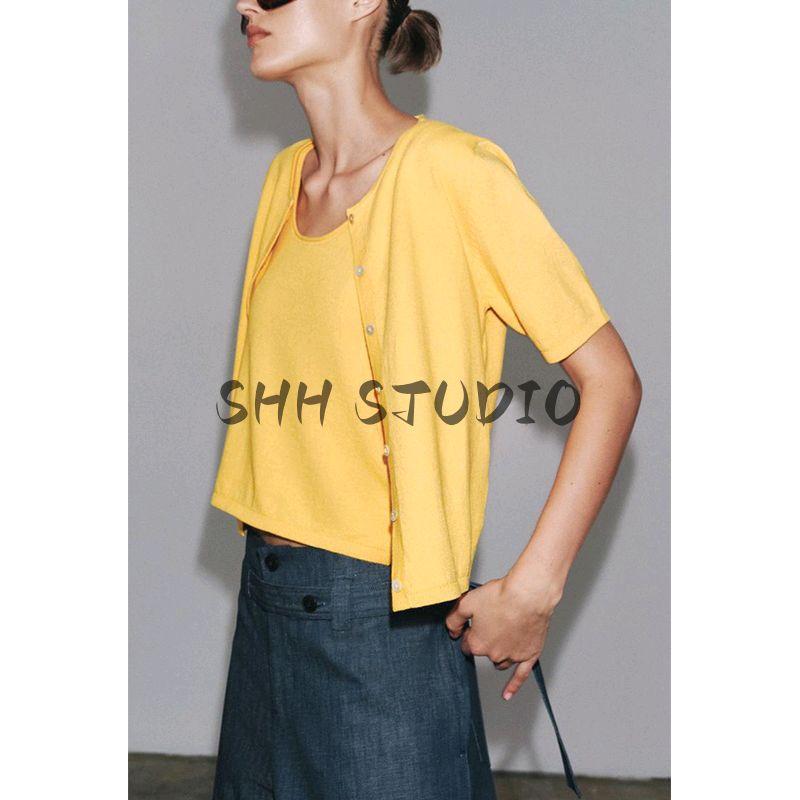Easiest for Match Short Sleeve Knitting Outwear 3471032 Plain Stitch round Neck Wide Shoulder Strap Simple Casual Top 3471030