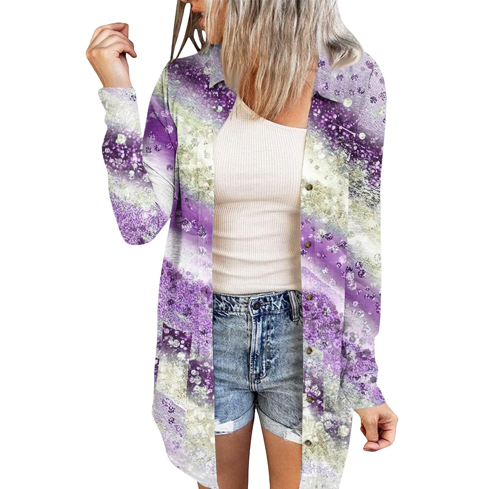 

Women s Casual Fashion Printed Long-sleeved Mid-length Cardigan Jacket L темно-фіолетовий колір