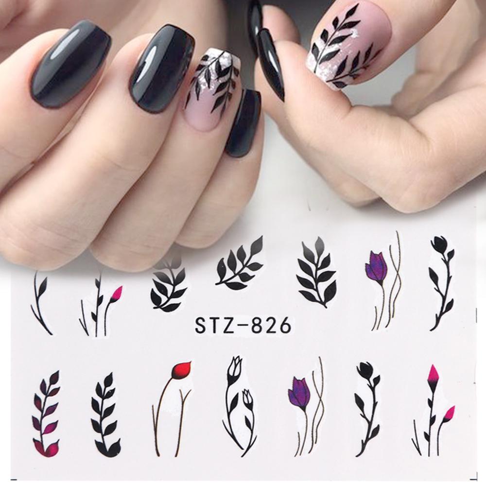 Water Nail Decal and Sticker Flower Leaf Tree Green Simple Summer Slider for Manicure Nail Art Watermark Tips