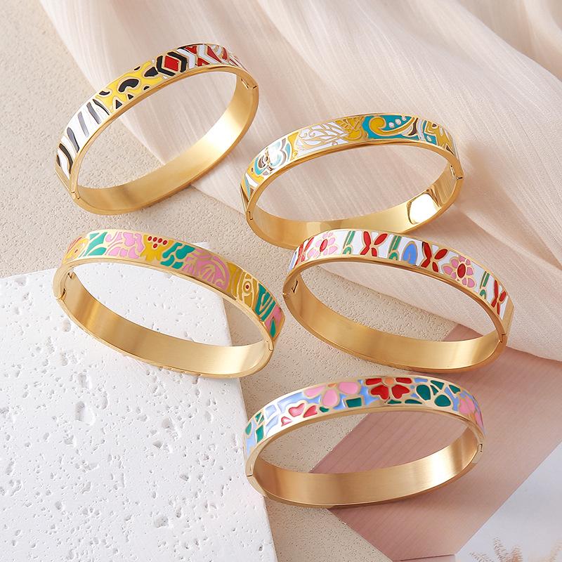 European and American Bestseller: 18K Gold Plated Titanium Steel Enamel Bracelet - Women’s Colorful Drip Oil Light Luxury Jewelry.
