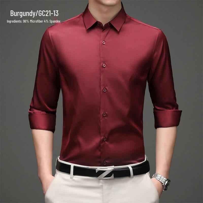 Men's Solid Color Iron-Free Stretch Korean Style Slim Fit Long Sleeve Business Casual Shirt - White