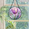 2D Flat Stained Glass Flower Window Decoration, 7.87inches Purple Tulips Design Colored Glass Plate with Chain, Charming Spring Summer Sun Catcher