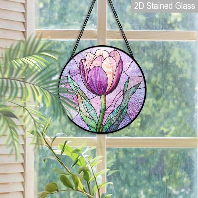 2D Flat Stained Glass Flower Window Decoration, 7.87inches Purple Tulips Design Colored Glass Plate with Chain, Charming Spring Summer Sun Catcher
