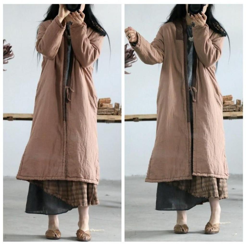 Kadın Çin Tarzı Patchwork Renk Parkas V Yaka Uzun Kollu Kış Sıcak Mont Keten Vintage Gevşek Parkas