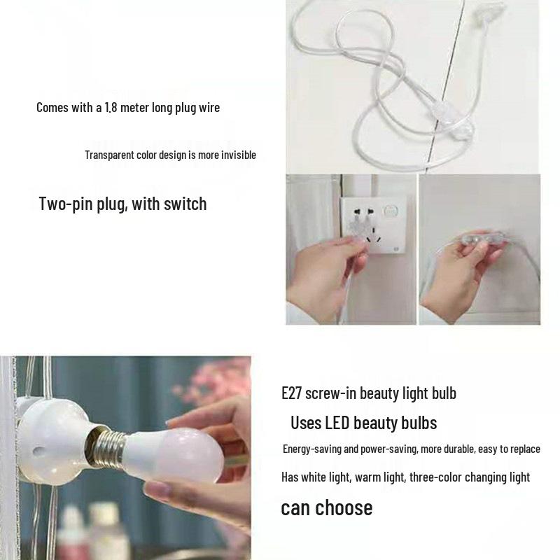 Makeup Vanity Mirror LED Light with Adhesive, No-Punch Installation, and Replaceable Bulb for Bathroom.