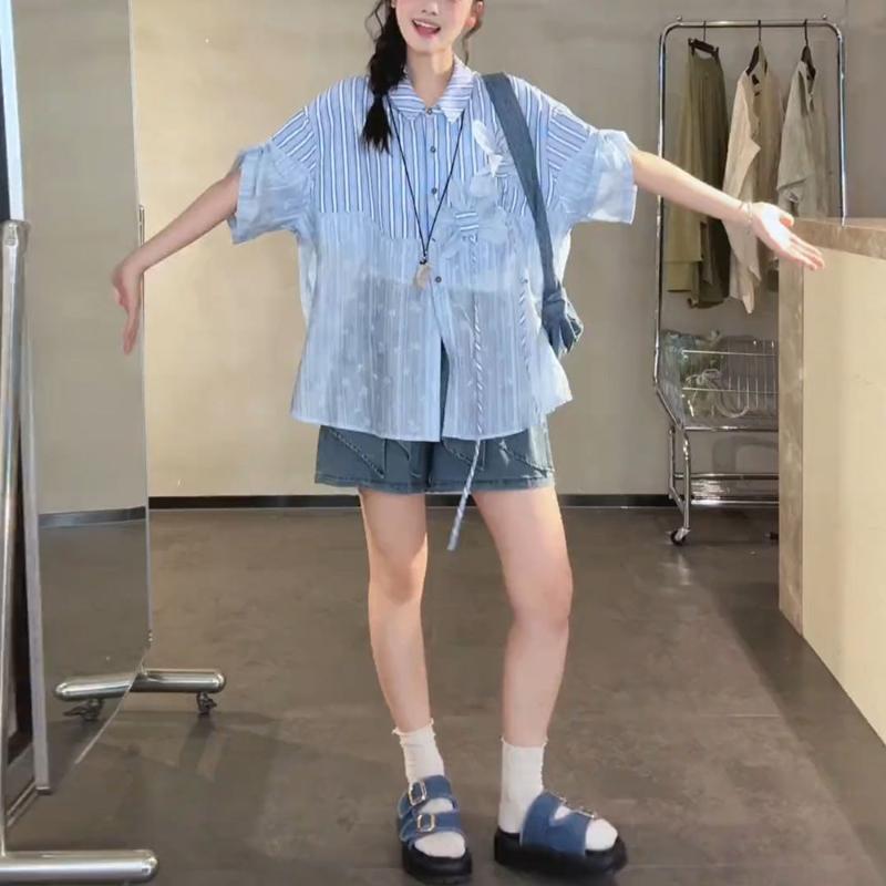 Striped Women's Short Sleeved Shirts Fashionable Lace Patchwork Bloues Korean Sweet and Simple Ladies Clothing