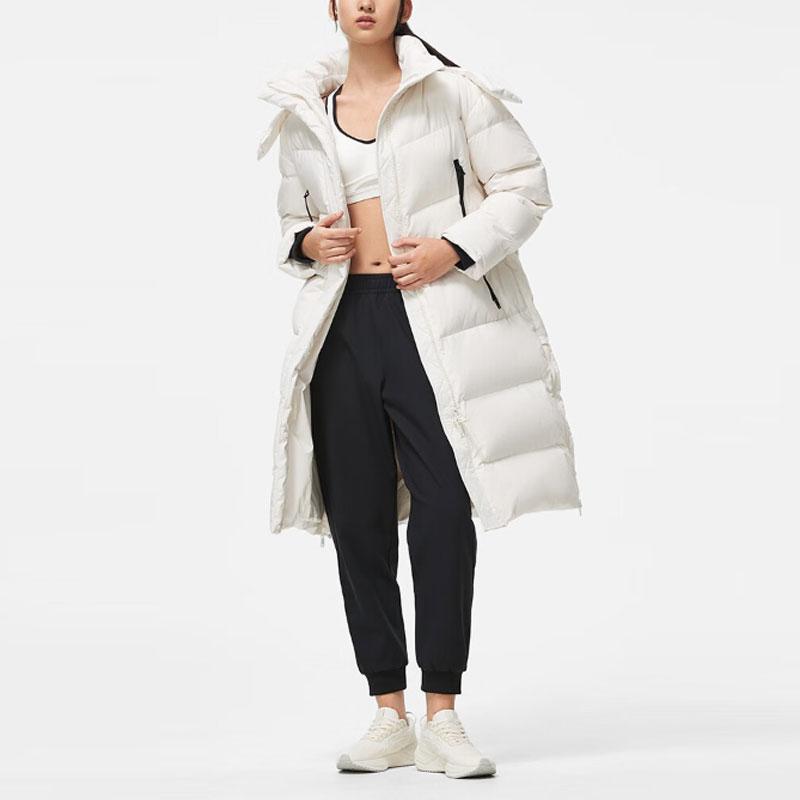 Li Ning Fitness Series Solid Color Long Hooded Windproof Water-Repellent Down Jacket Women Outerwear Champagne-White AYMT100-1