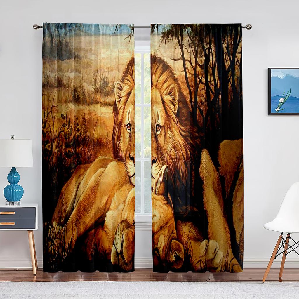 African Wild Animal Lion Couple Tulle Curtain for Home Living Room Window Decoration Bedroom Kitchen Modern Sheer Voile Curtains