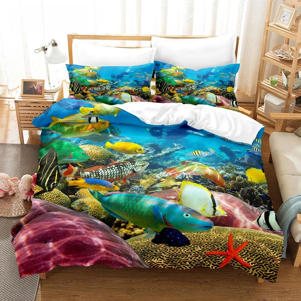 3D Print Undersea World Bed Linen Set, King Size Duvet Cover, Bedroom Bedding, Home Textile, Double Kid Quilt Cover, Dropship