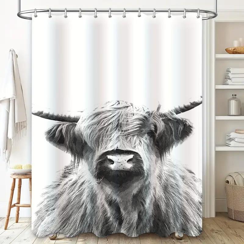 Black and White Highland Cow Shower Curtain Bathroom Decoration Waterproof Printed Bath Mat Decorative Liner Home Accessories