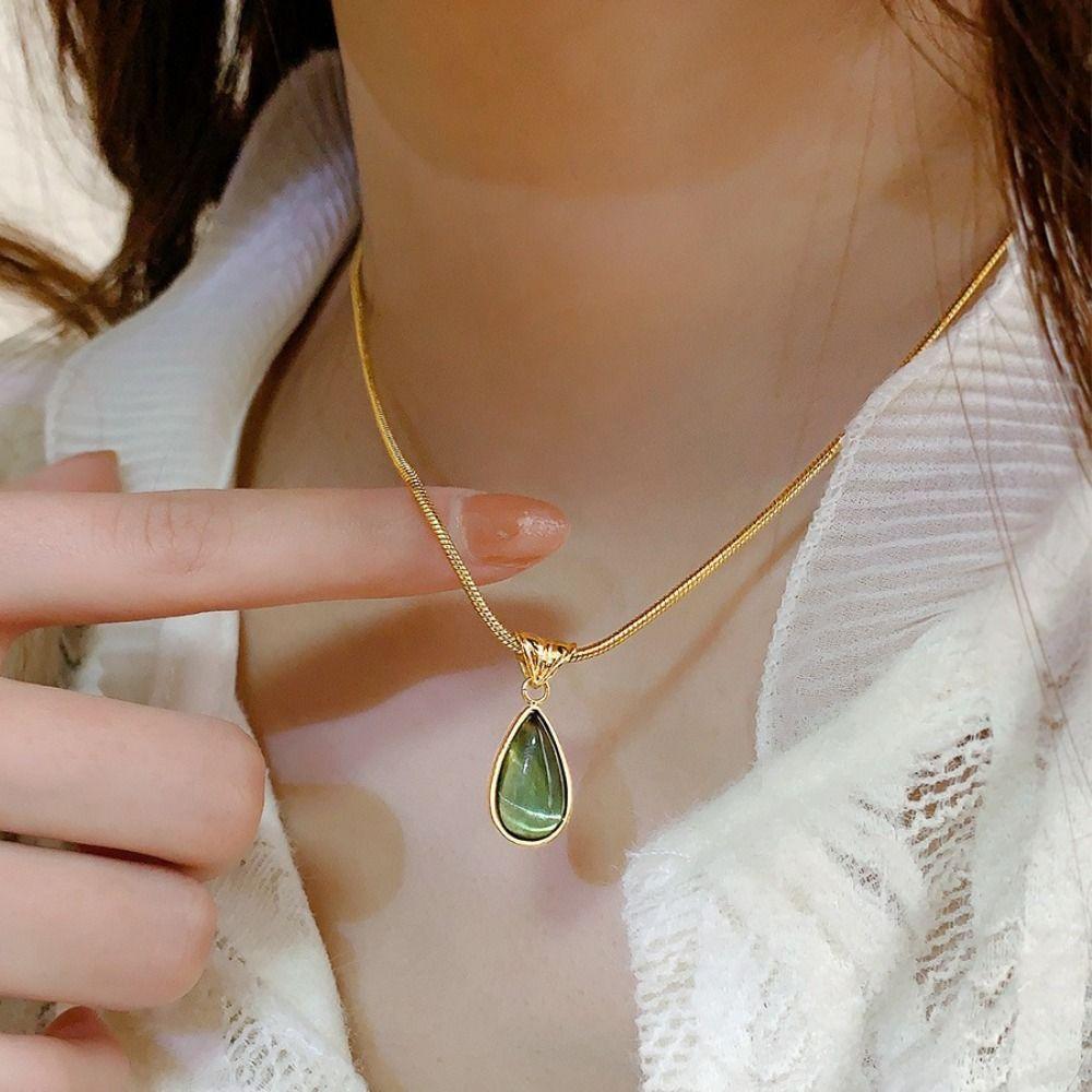 Titanium Drop Pendant Necklace Olive-green Snake Bone Chain Necklace French Vintage Necklace  Gift