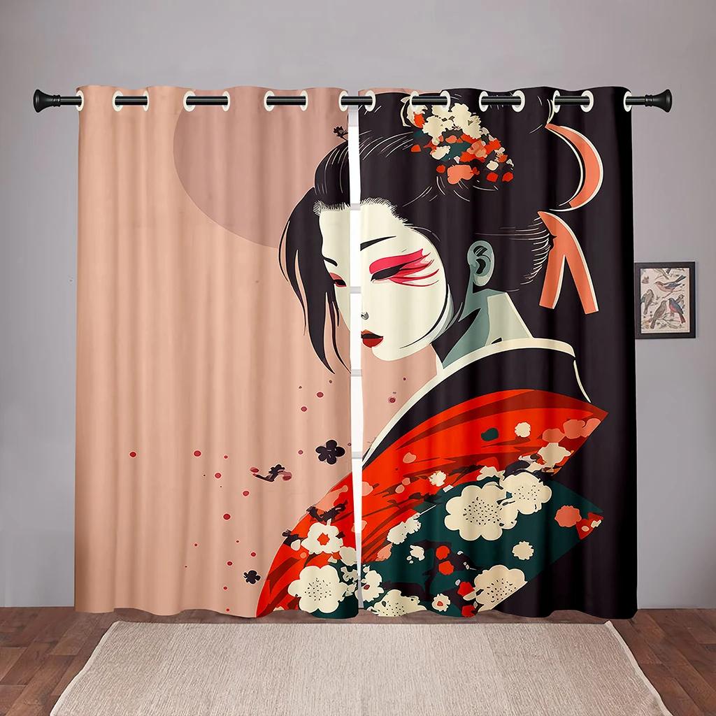 Japanese Traditional Geisha Woman Blackout Window Drape for Bed Chamber Living Space Area Area Decor Bathroom Kicthen Door High Shading New